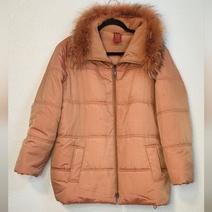 Olsen Europe Sunset Orange Puffer Jacket with Removeable Fuax Fur Collar, Size 8